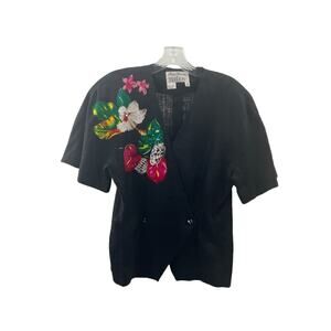 Rickie Freeman for Teri Jon Women’s Black Linen Blouse Vintage Floral Size 10